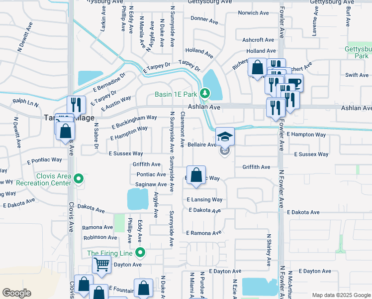 map of restaurants, bars, coffee shops, grocery stores, and more near 3394 Claremont Avenue in Clovis