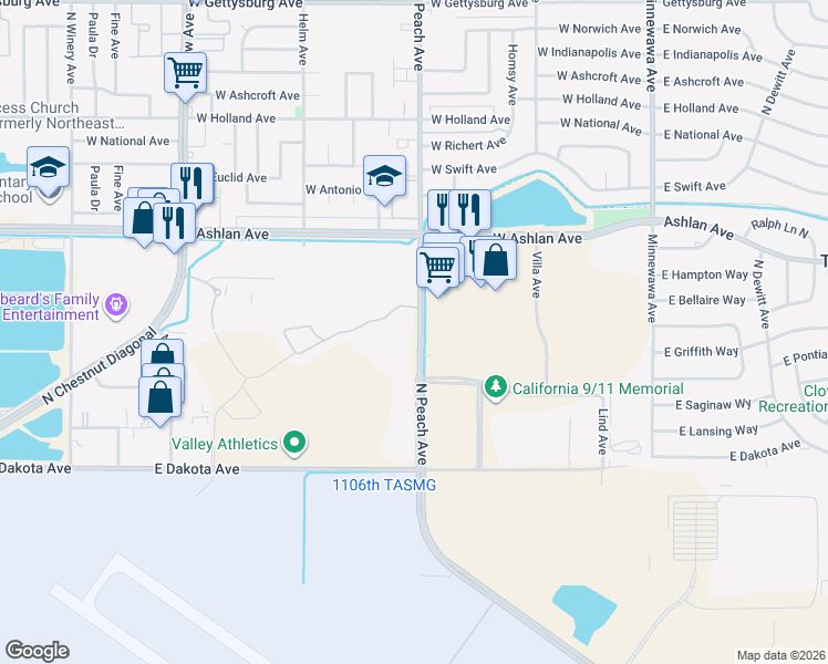 map of restaurants, bars, coffee shops, grocery stores, and more near 5226 North Peach Avenue in Fresno