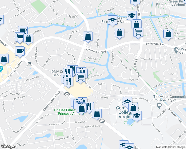 map of restaurants, bars, coffee shops, grocery stores, and more near 3907 Buchanan Drive in Virginia Beach