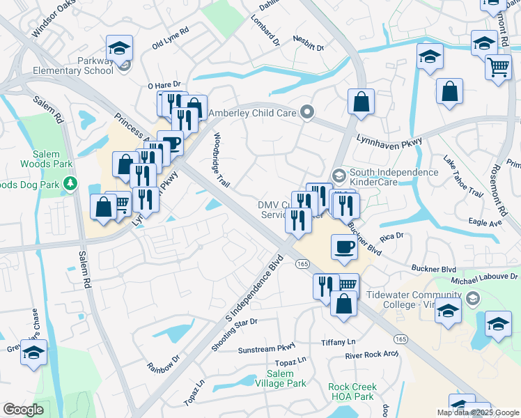 map of restaurants, bars, coffee shops, grocery stores, and more near 1613 Dominion Court in Virginia Beach