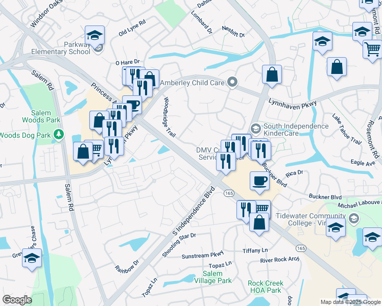 map of restaurants, bars, coffee shops, grocery stores, and more near 1613 Dominion Court in Virginia Beach