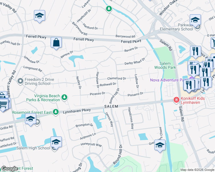 map of restaurants, bars, coffee shops, grocery stores, and more near 4524 Picasso Drive in Virginia Beach