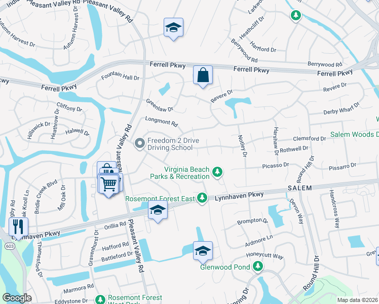 map of restaurants, bars, coffee shops, grocery stores, and more near 1609 Milldale Court in Virginia Beach