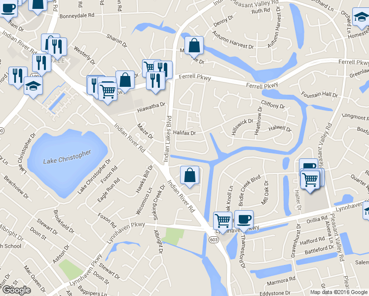 map of restaurants, bars, coffee shops, grocery stores, and more near 1608 Jameson Drive in Virginia Beach