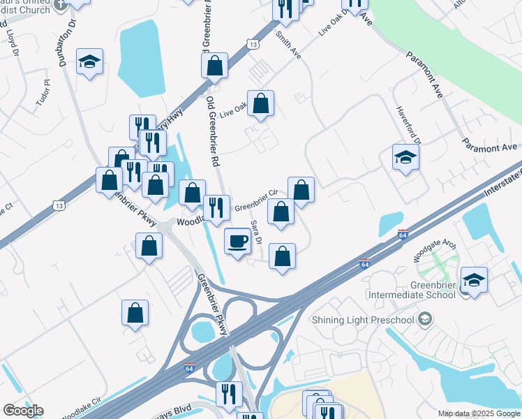map of restaurants, bars, coffee shops, grocery stores, and more near 809 Greenbrier Circle in Chesapeake
