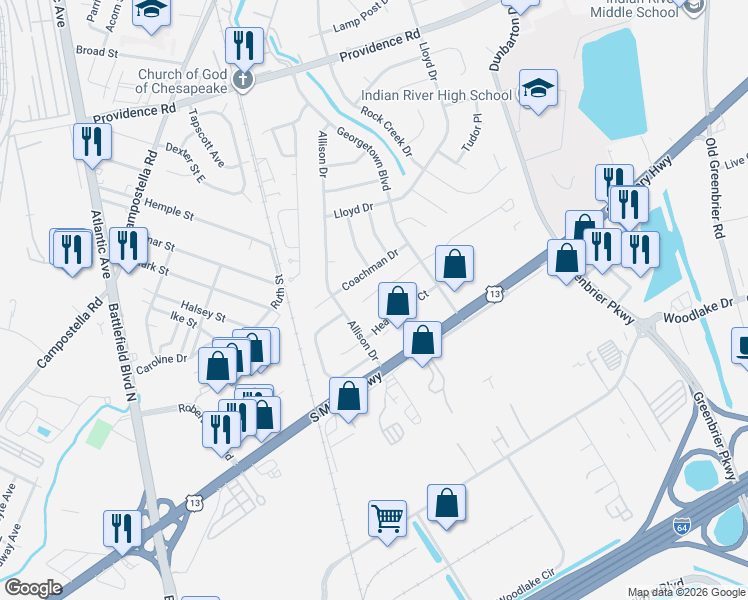 map of restaurants, bars, coffee shops, grocery stores, and more near 1728 Hearthside Court in Chesapeake