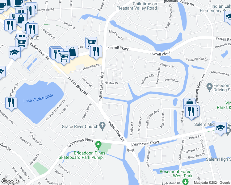 map of restaurants, bars, coffee shops, grocery stores, and more near 1581 Jameson Drive in Virginia Beach