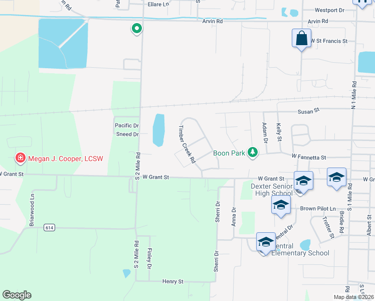 map of restaurants, bars, coffee shops, grocery stores, and more near 1602 Ganton Drive in Dexter