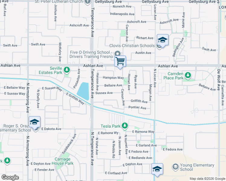 map of restaurants, bars, coffee shops, grocery stores, and more near 2737 Sussex Avenue in Clovis