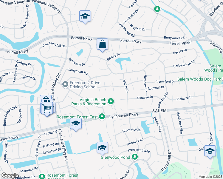 map of restaurants, bars, coffee shops, grocery stores, and more near 1605 Ledge Hill Court in Virginia Beach