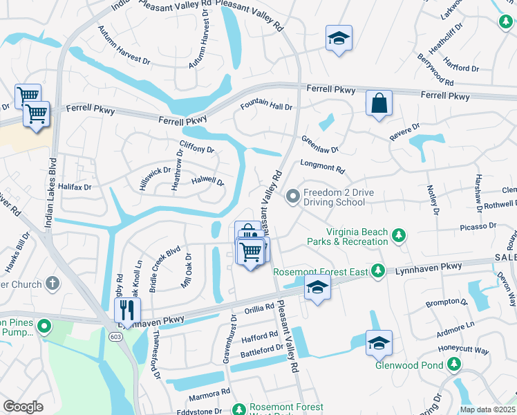 map of restaurants, bars, coffee shops, grocery stores, and more near 1485 Sangaree Circle in Virginia Beach