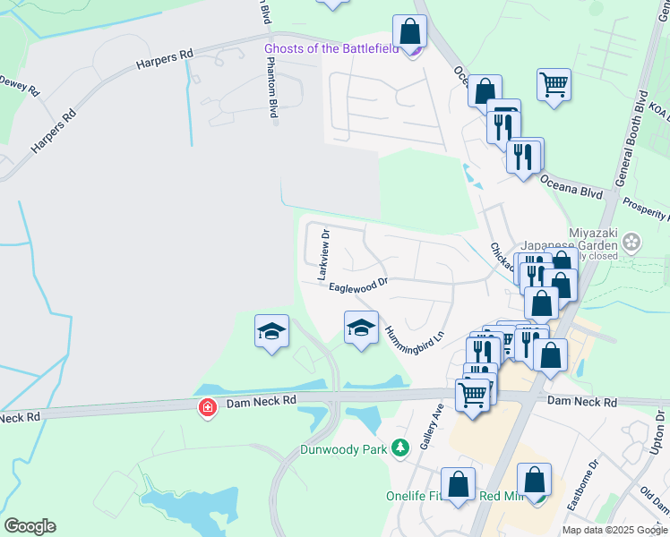 map of restaurants, bars, coffee shops, grocery stores, and more near 1327 Petrell Drive in Virginia Beach