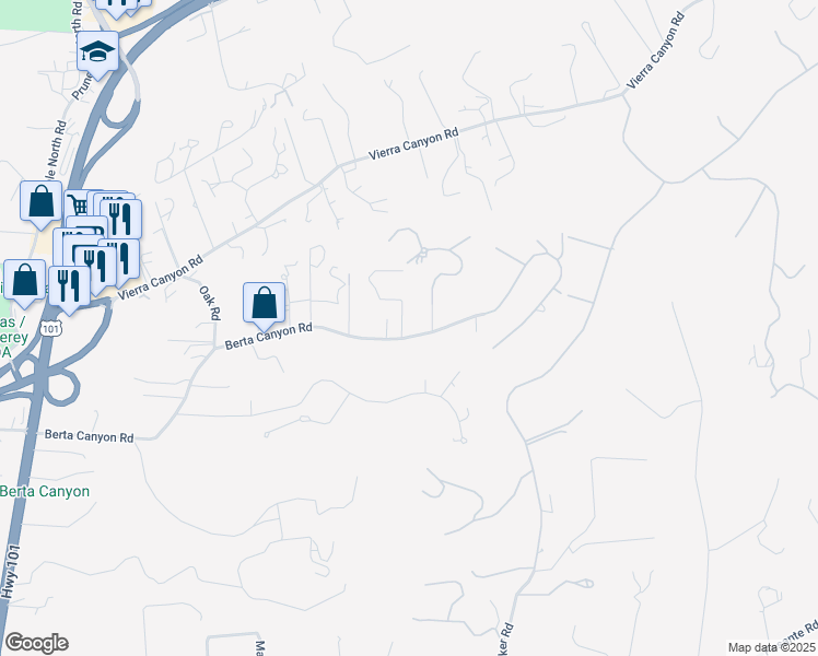 map of restaurants, bars, coffee shops, grocery stores, and more near 18101 Berta Canyon Road in Salinas
