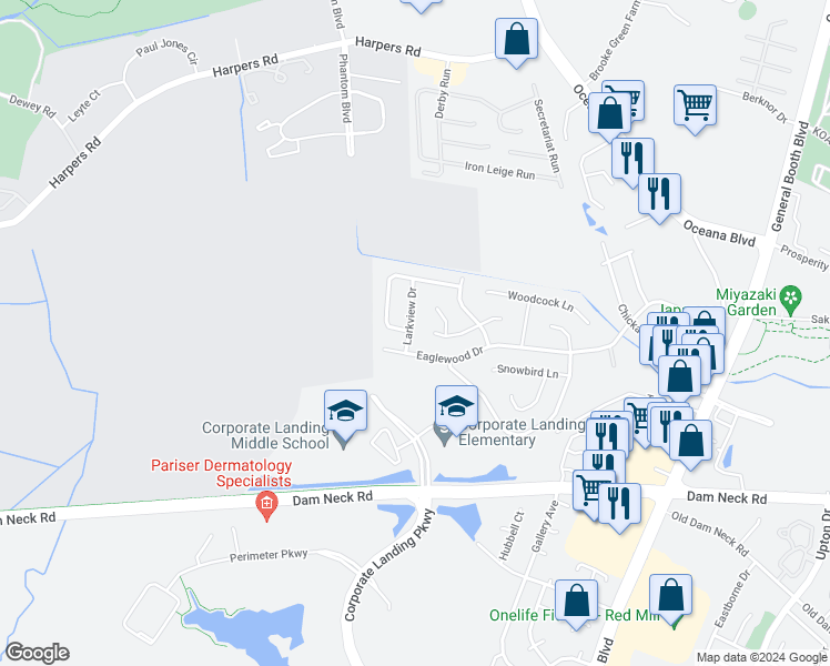 map of restaurants, bars, coffee shops, grocery stores, and more near 1422 Larkview Drive in Virginia Beach