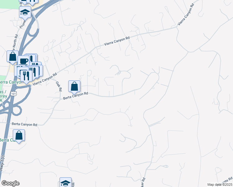 map of restaurants, bars, coffee shops, grocery stores, and more near 18101 Berta Canyon Road in Salinas