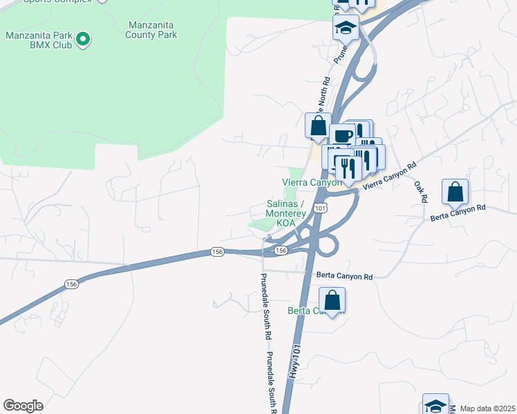 map of restaurants, bars, coffee shops, grocery stores, and more near 8710 Prunedale North Road in Salinas