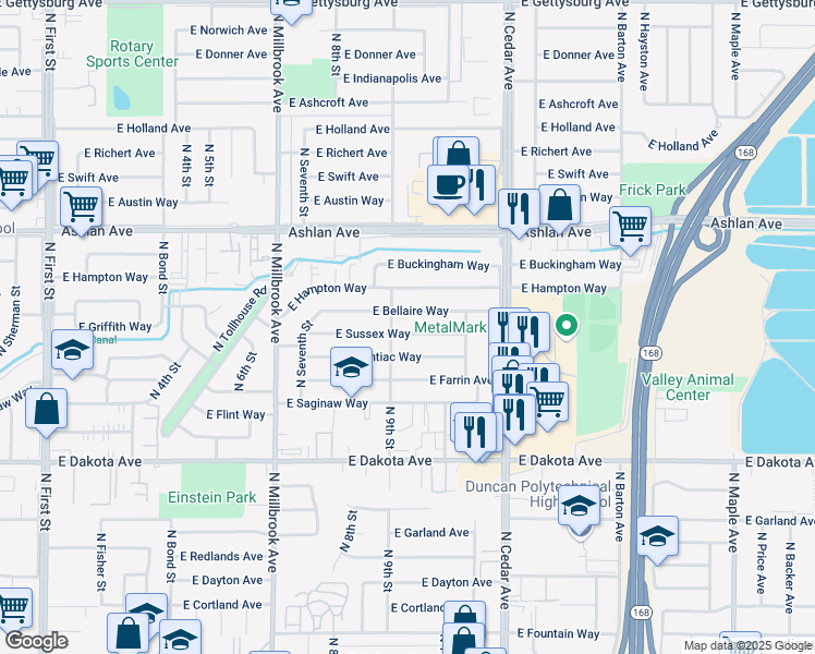 map of restaurants, bars, coffee shops, grocery stores, and more near 3925 East Sussex Way in Fresno
