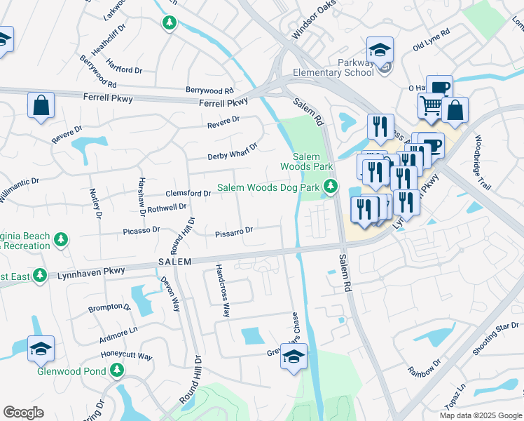 map of restaurants, bars, coffee shops, grocery stores, and more near 1400 Latuque Circle in Virginia Beach
