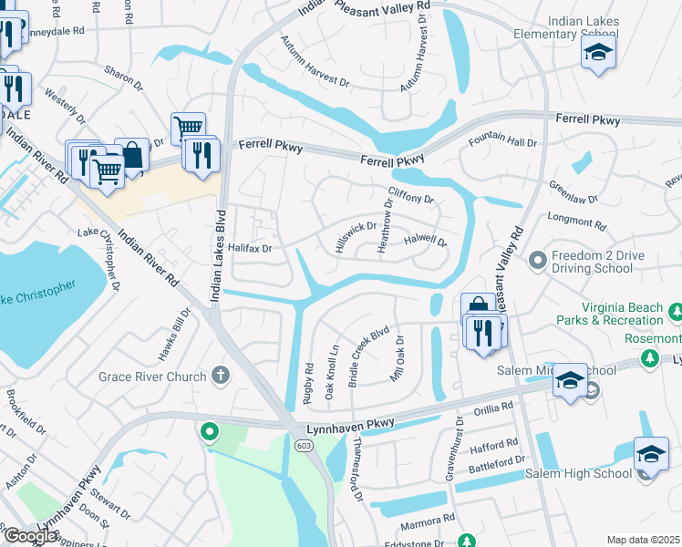 map of restaurants, bars, coffee shops, grocery stores, and more near 1613 Helmsley Court in Virginia Beach