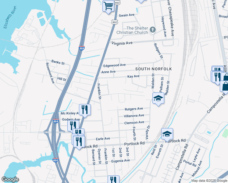 map of restaurants, bars, coffee shops, grocery stores, and more near 1313 Country Road in Chesapeake