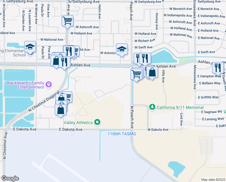 map of restaurants, bars, coffee shops, grocery stores, and more near 4083 North Peach Avenue in Fresno