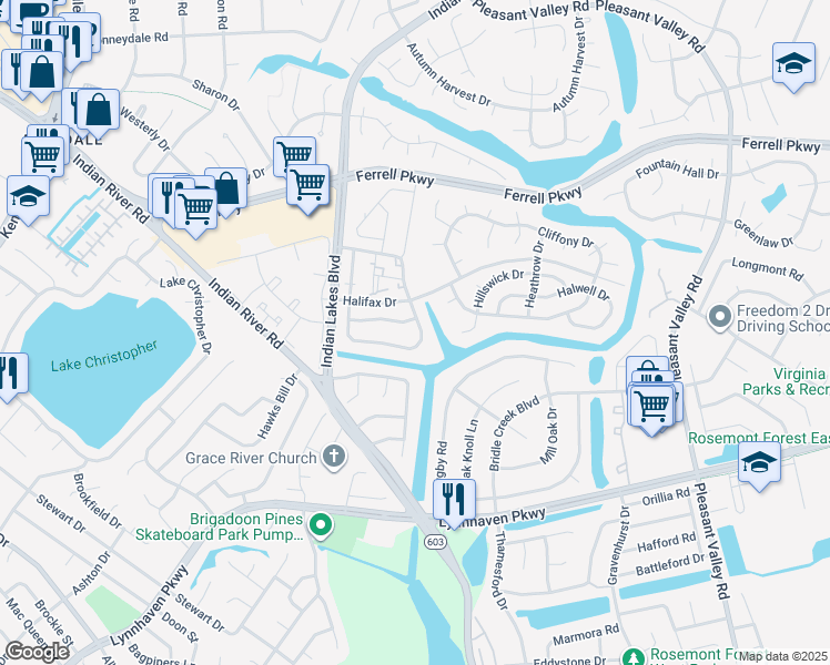 map of restaurants, bars, coffee shops, grocery stores, and more near 1552 Jameson Drive in Virginia Beach
