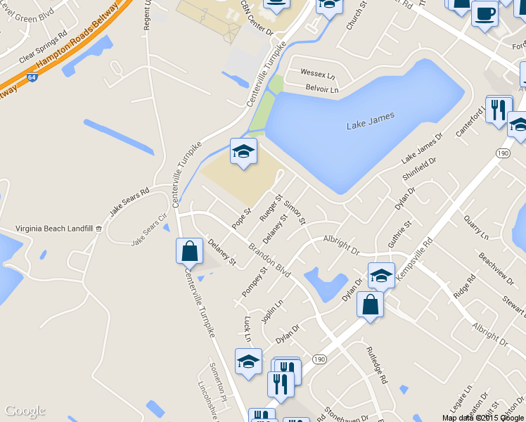map of restaurants, bars, coffee shops, grocery stores, and more near 1721 Delaney Street in Virginia Beach