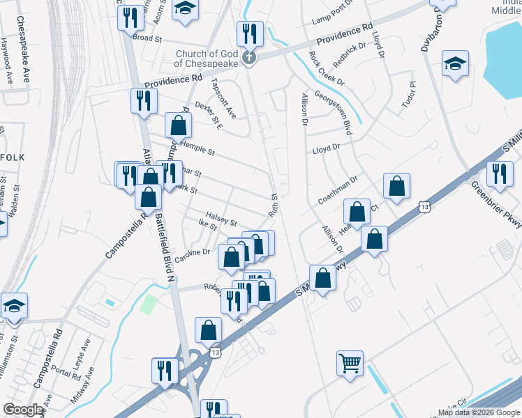 map of restaurants, bars, coffee shops, grocery stores, and more near 2822 Mark Street in Chesapeake