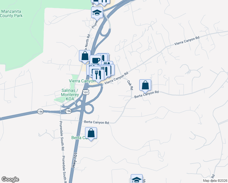map of restaurants, bars, coffee shops, grocery stores, and more near 17811 Berta Canyon Road in Salinas