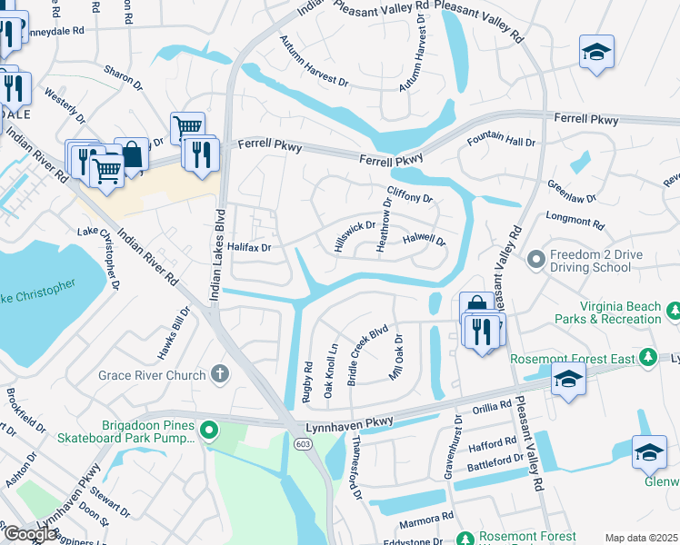 map of restaurants, bars, coffee shops, grocery stores, and more near 1613 Helmsley Court in Virginia Beach