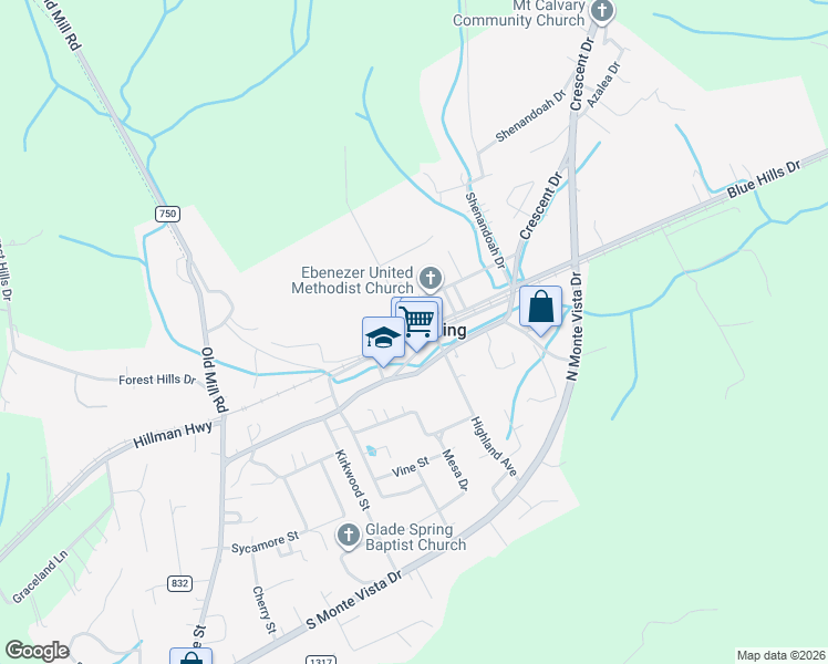 map of restaurants, bars, coffee shops, grocery stores, and more near County Road 609 in Glade Spring