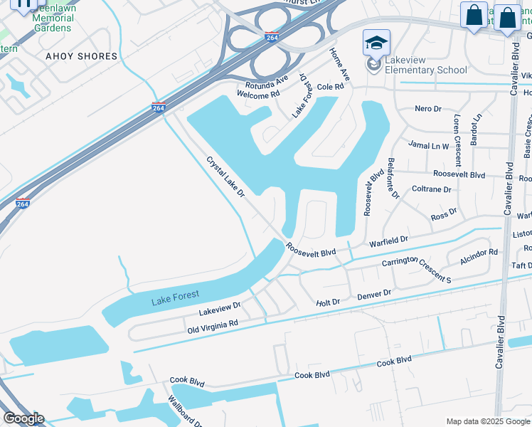 map of restaurants, bars, coffee shops, grocery stores, and more near 1512 Crystal Lake Drive in Portsmouth