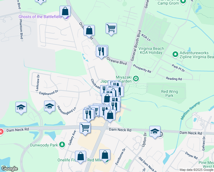map of restaurants, bars, coffee shops, grocery stores, and more near 1313 Chickadee Lane in Virginia Beach