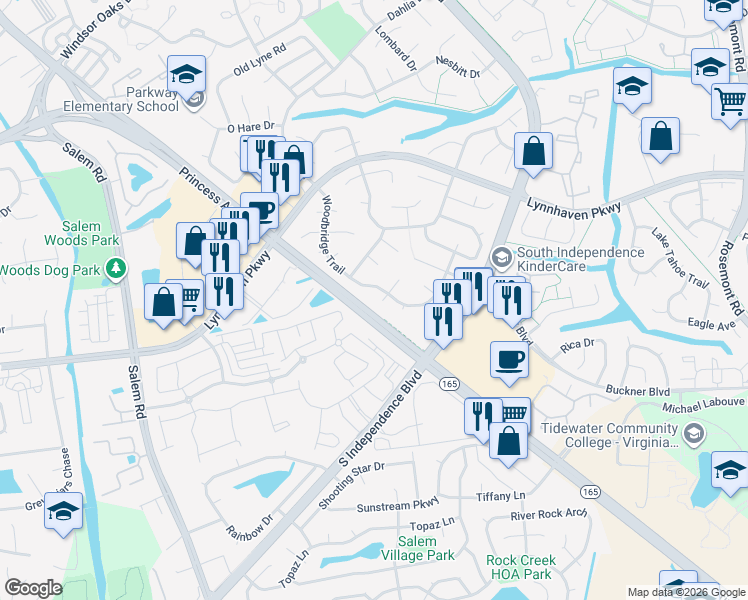 map of restaurants, bars, coffee shops, grocery stores, and more near 1613 Dominion Court in Virginia Beach