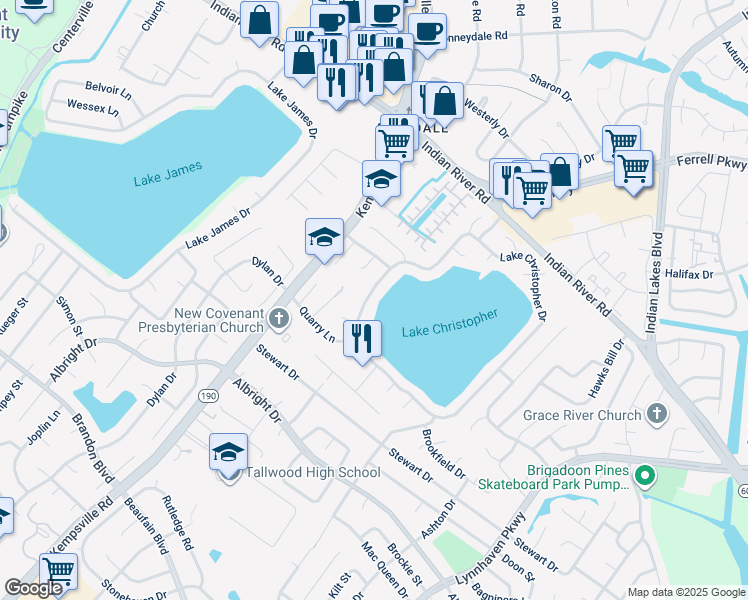 map of restaurants, bars, coffee shops, grocery stores, and more near 1520 Lake Christopher Drive in Virginia Beach