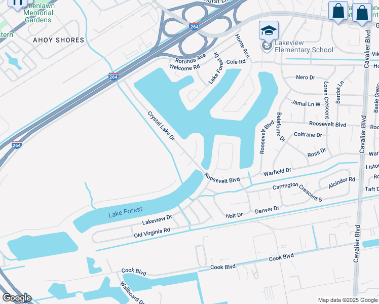 map of restaurants, bars, coffee shops, grocery stores, and more near 1512 Crystal Lake Drive in Portsmouth