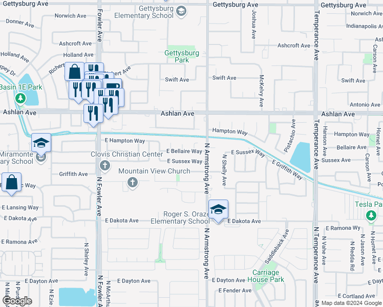 map of restaurants, bars, coffee shops, grocery stores, and more near 6224 East Bellaire Way in Fresno