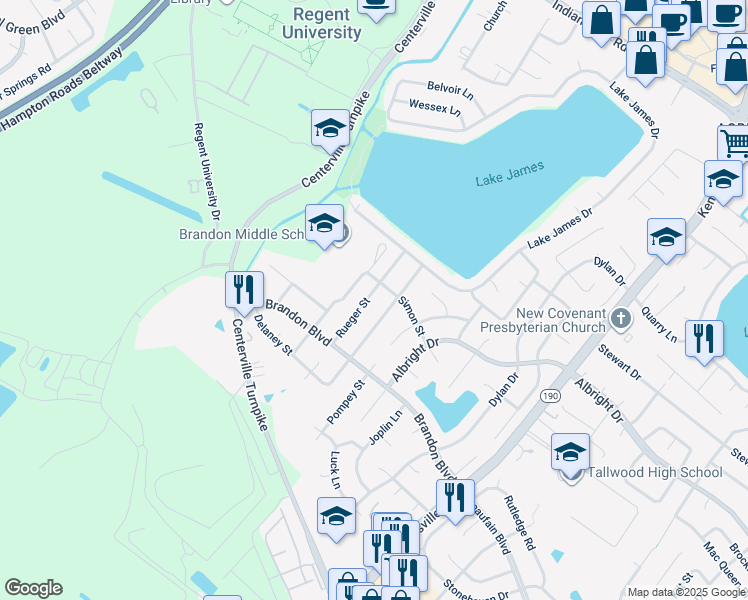 map of restaurants, bars, coffee shops, grocery stores, and more near 1708 Rueger Street in Virginia Beach