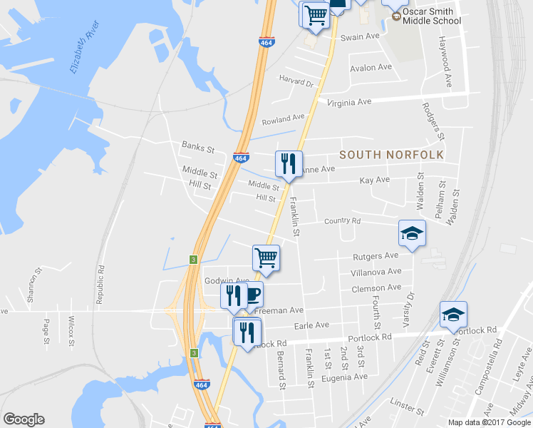 map of restaurants, bars, coffee shops, grocery stores, and more near 1017 Calloway Avenue in Chesapeake