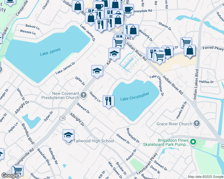map of restaurants, bars, coffee shops, grocery stores, and more near 1520 Lake Christopher Drive in Virginia Beach
