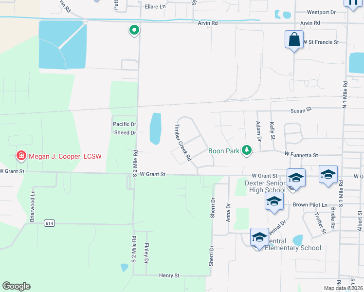 map of restaurants, bars, coffee shops, grocery stores, and more near 1602 Ganton Drive in Dexter