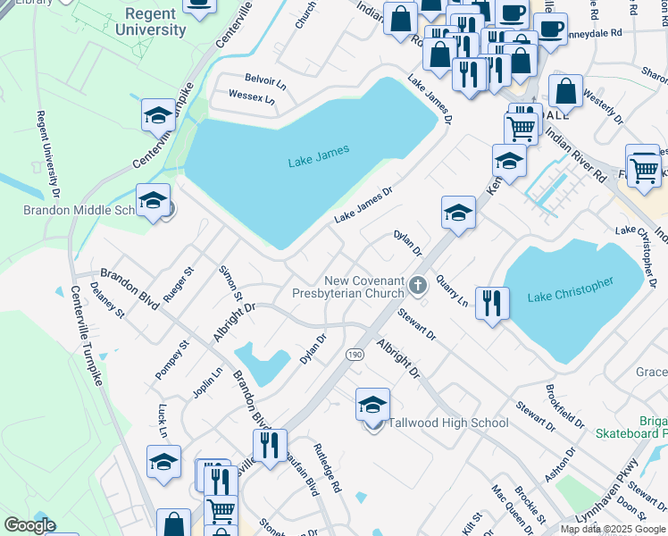 map of restaurants, bars, coffee shops, grocery stores, and more near 5432 Wallingford Arch in Virginia Beach