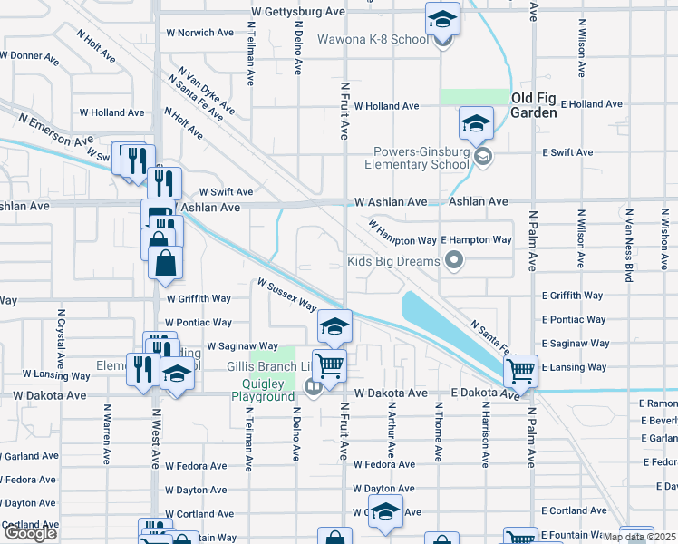 map of restaurants, bars, coffee shops, grocery stores, and more near 3991 North Fruit Avenue in Fresno