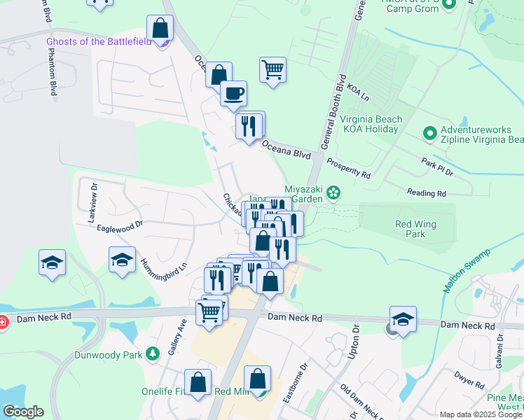 map of restaurants, bars, coffee shops, grocery stores, and more near 1313 Chickadee Lane in Virginia Beach