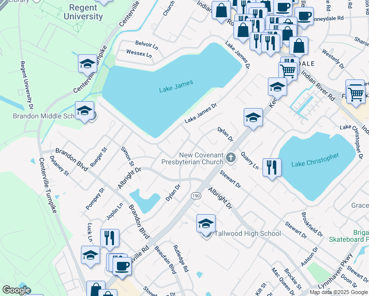 map of restaurants, bars, coffee shops, grocery stores, and more near 5432 Wallingford Arch in Virginia Beach