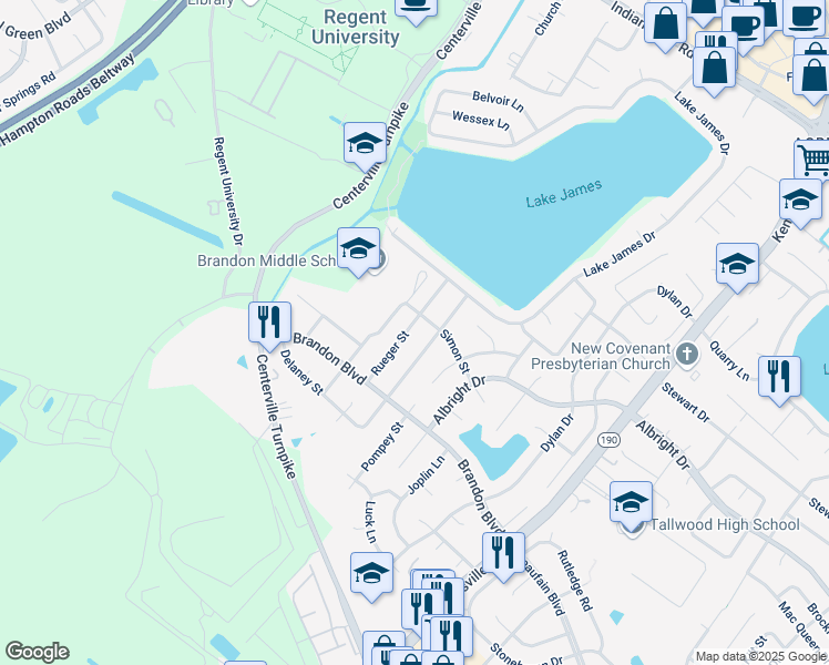 map of restaurants, bars, coffee shops, grocery stores, and more near 1721 Delaney Street in Virginia Beach