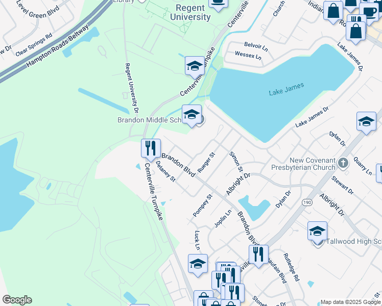 map of restaurants, bars, coffee shops, grocery stores, and more near 5704 Earnhardt Street in Virginia Beach
