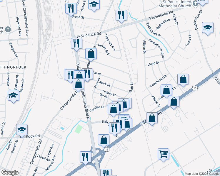 map of restaurants, bars, coffee shops, grocery stores, and more near 2716 Halsey Street in Chesapeake