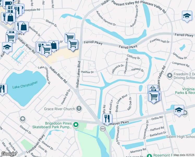 map of restaurants, bars, coffee shops, grocery stores, and more near 1523 Jameson Drive in Virginia Beach