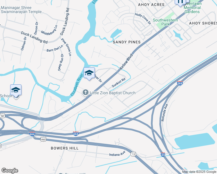 map of restaurants, bars, coffee shops, grocery stores, and more near 4001 Sunkist Road in Chesapeake